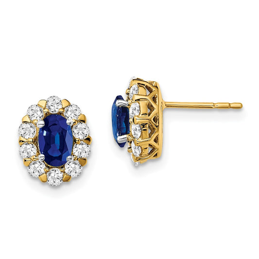 Solid 14k Yellow Gold Oval Simulated Sapphire and CZ Halo Post Earrings