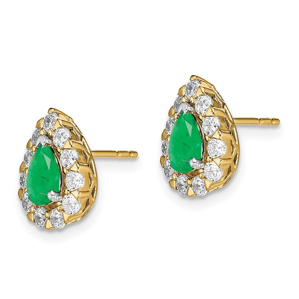 14k Yellow Gold Pear Emerald and Real Diamond Halo Post Earrings