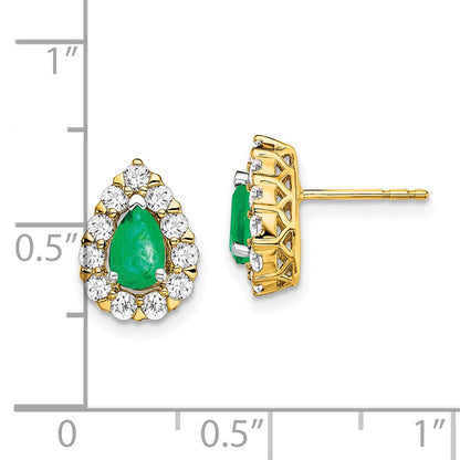 14k Yellow Gold Pear Emerald and Real Diamond Halo Post Earrings