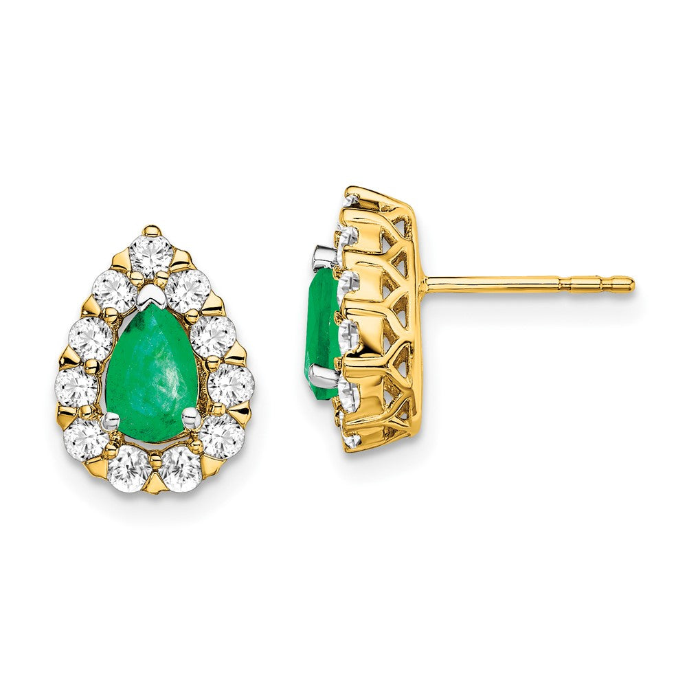 14k Yellow Gold Pear Emerald and Real Diamond Halo Post Earrings