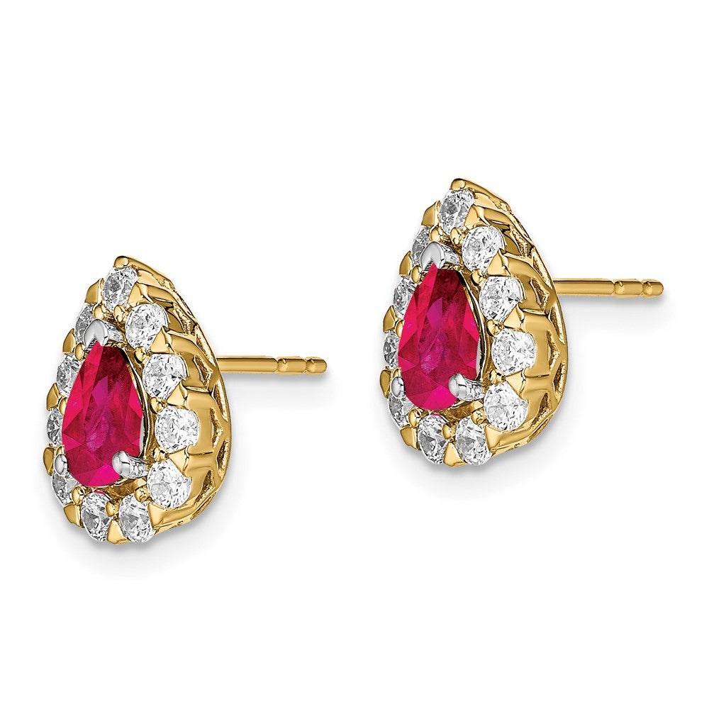 14k Yellow Gold Pear Ruby and Real Diamond Halo Post Earrings