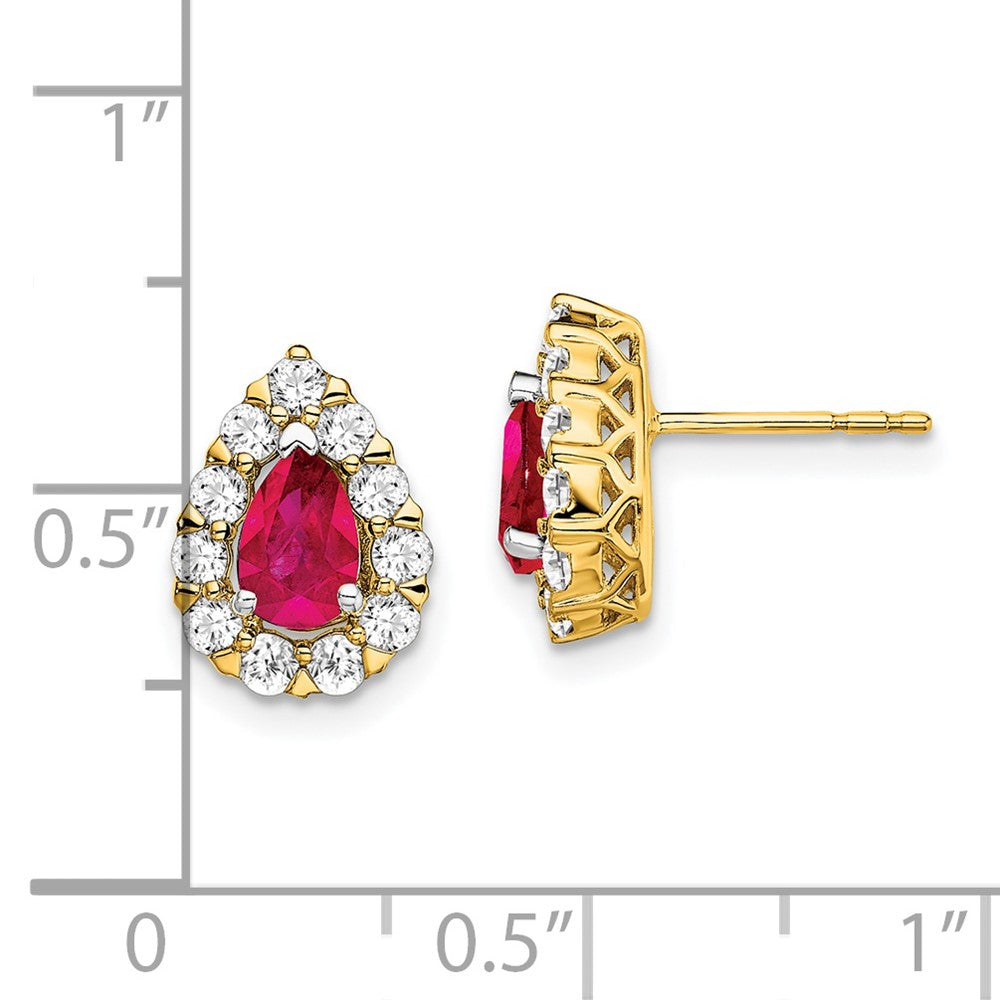 14k Yellow Gold Pear Ruby and Real Diamond Halo Post Earrings