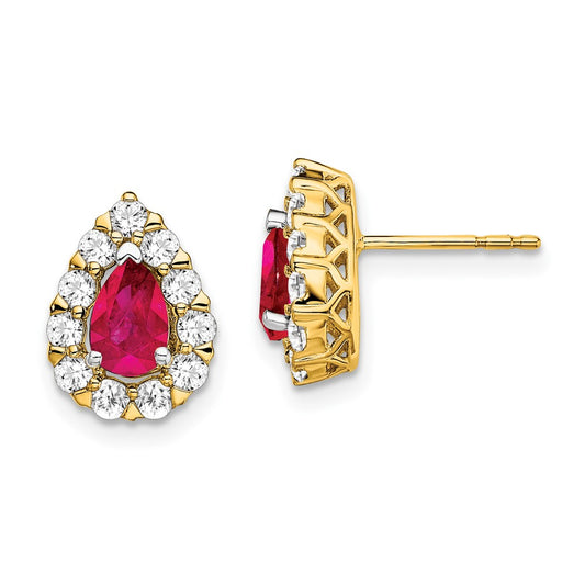 14k Yellow Gold Pear Ruby and Real Diamond Halo Post Earrings