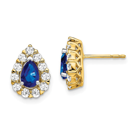 Solid 14k Yellow Gold Pear Simulated Sapphire and CZ Halo Post Earrings