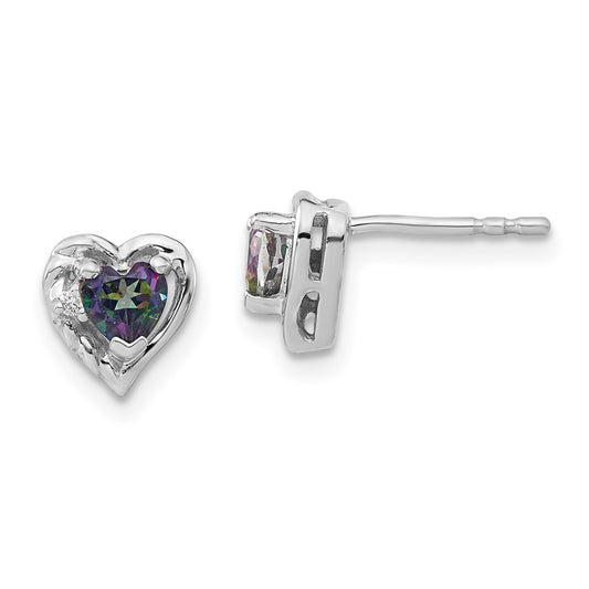 14k White Gold Mystic Fire Topaz and Real Diamond Heart Earrings