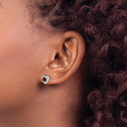 14k White Gold Garnet and Real Diamond Heart Earrings