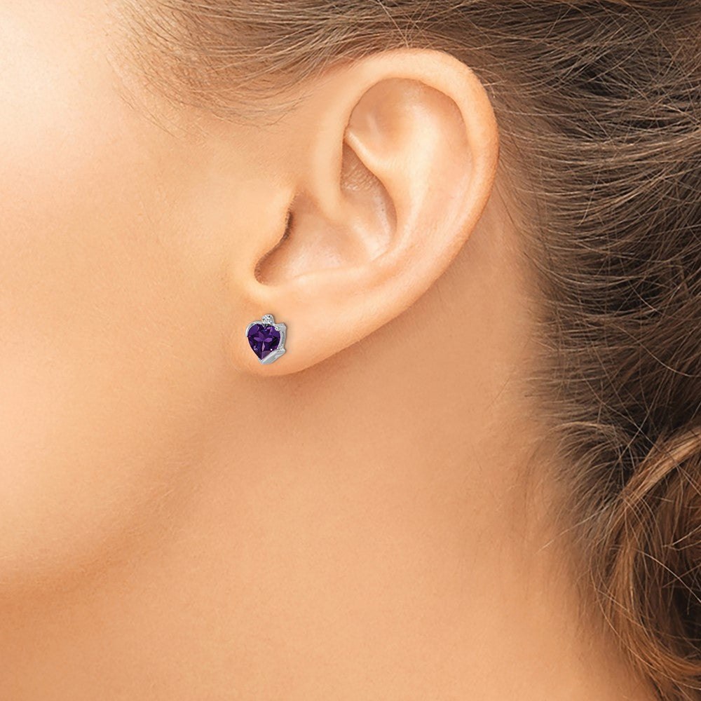 14k White Gold Amethyst and Real Diamond Heart Earrings