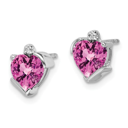 14k White Gold Created Pink Sapphire and Real Diamond Heart Earrings