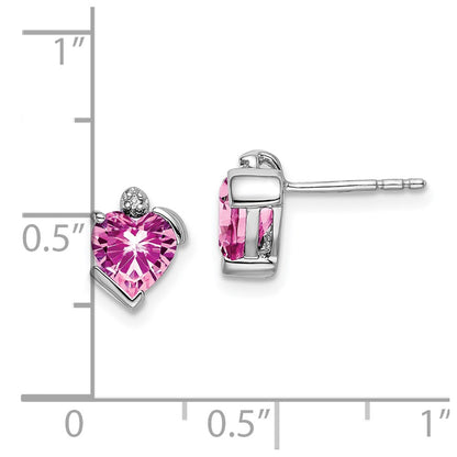 14k White Gold Created Pink Sapphire and Real Diamond Heart Earrings