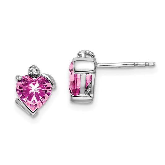 14k White Gold Created Pink Sapphire and Real Diamond Heart Earrings