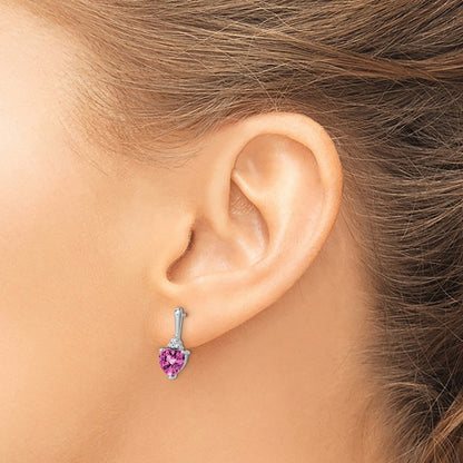 14k White Gold Created Pink Sapphire and Real Diamond Heart Earrings