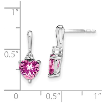 14k White Gold Created Pink Sapphire and Real Diamond Heart Earrings