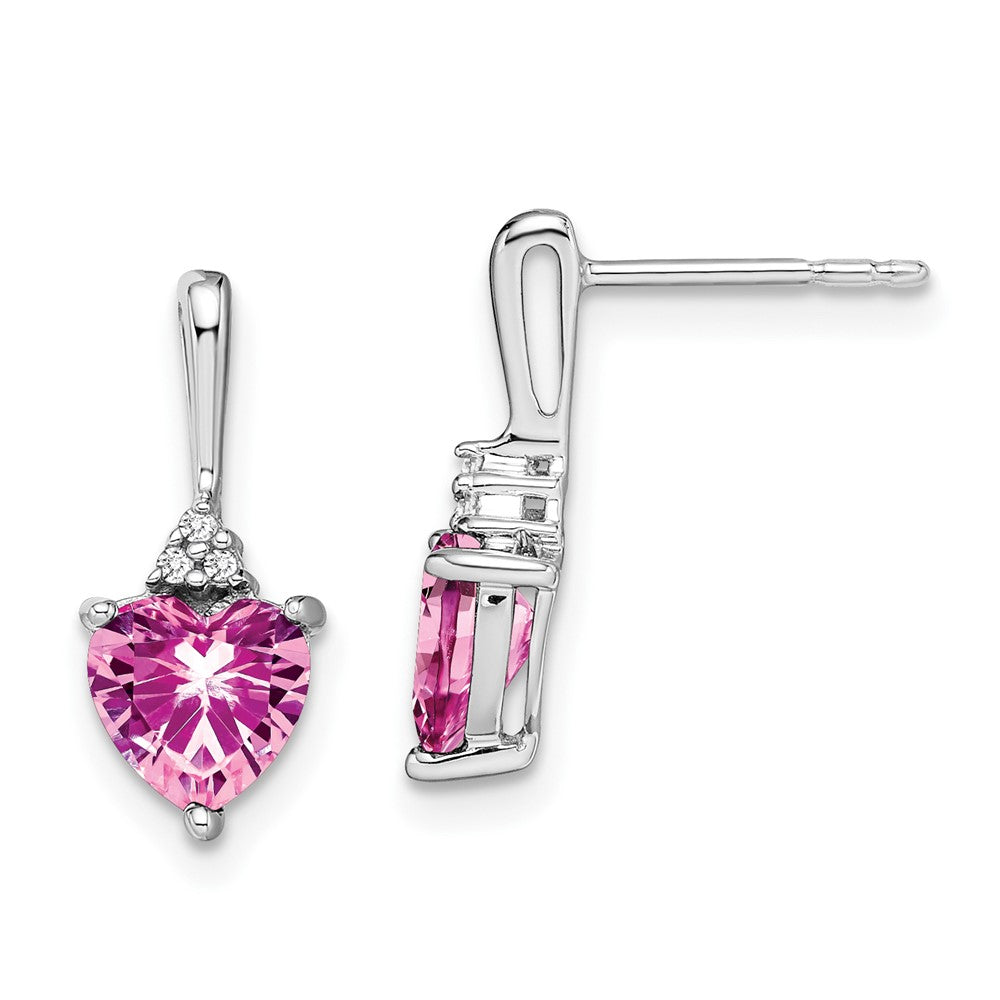 14k White Gold Created Pink Sapphire and Real Diamond Heart Earrings