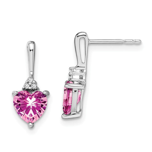 14k White Gold Created Pink Sapphire and Real Diamond Heart Earrings