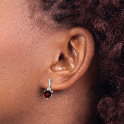 14k White Gold Garnet and Real Diamond Heart Earrings