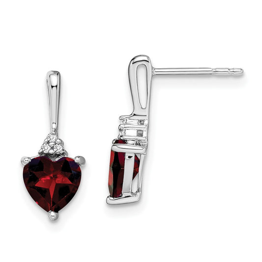 14k White Gold Garnet and Real Diamond Heart Earrings