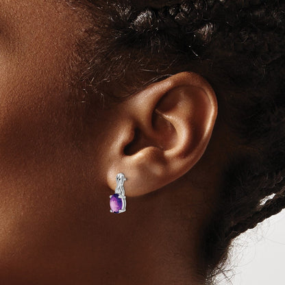 14k White Gold Oval Amethyst and Real Diamond Earrings