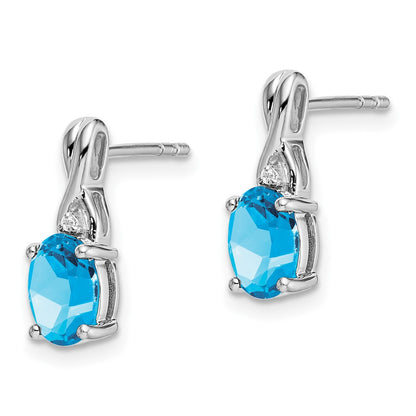 14k White Gold Oval Blue Topaz and Real Diamond Earrings