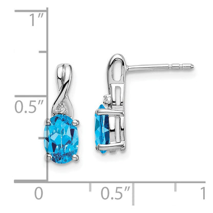14k White Gold Oval Blue Topaz and Real Diamond Earrings