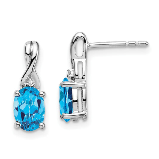 14k White Gold Oval Blue Topaz and Real Diamond Earrings