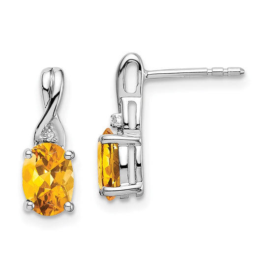 14k White Gold Oval Citrine and Real Diamond Earrings