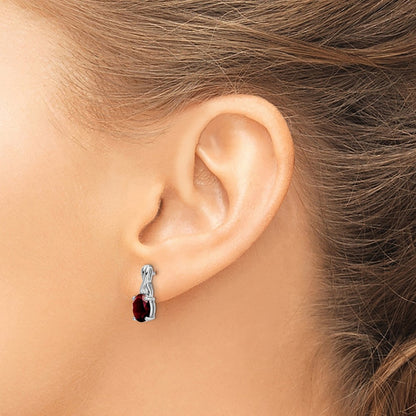 14k White Gold Oval Garnet and Real Diamond Earrings