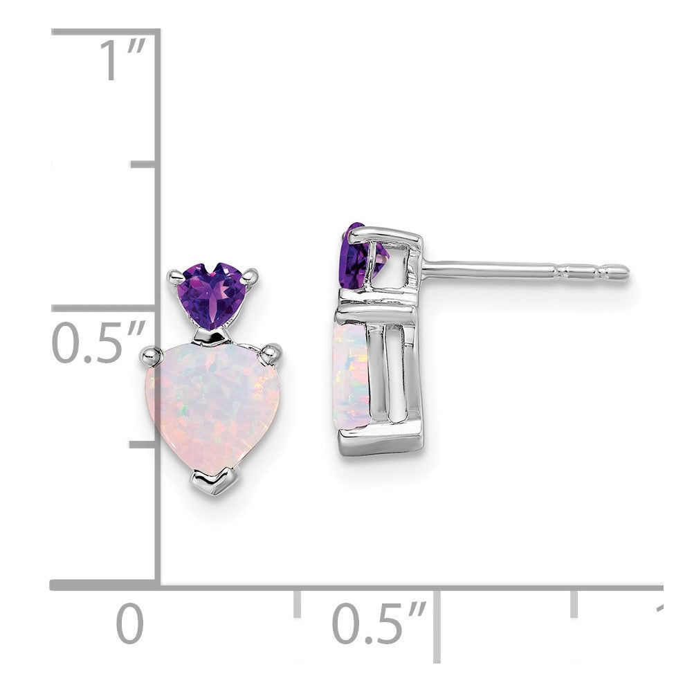 14k White Gold Created Opal and Amethyst Heart Earrings