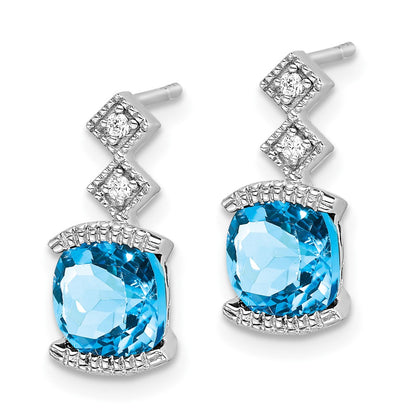14k White Gold Blue Topaz and Real Diamond Earrings