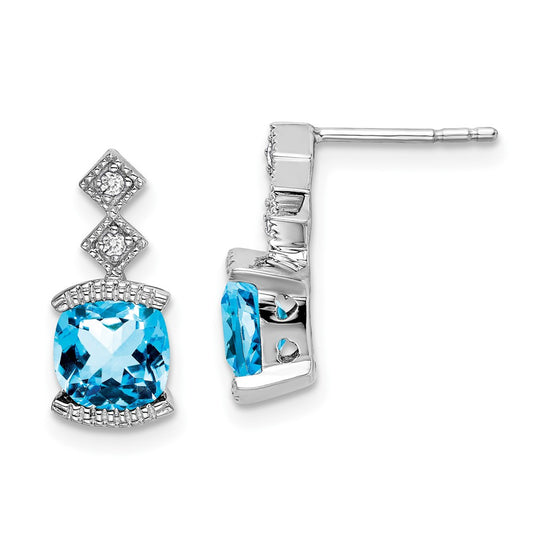 Solid 14k White Gold Simulated Blue Topaz and CZ Earrings
