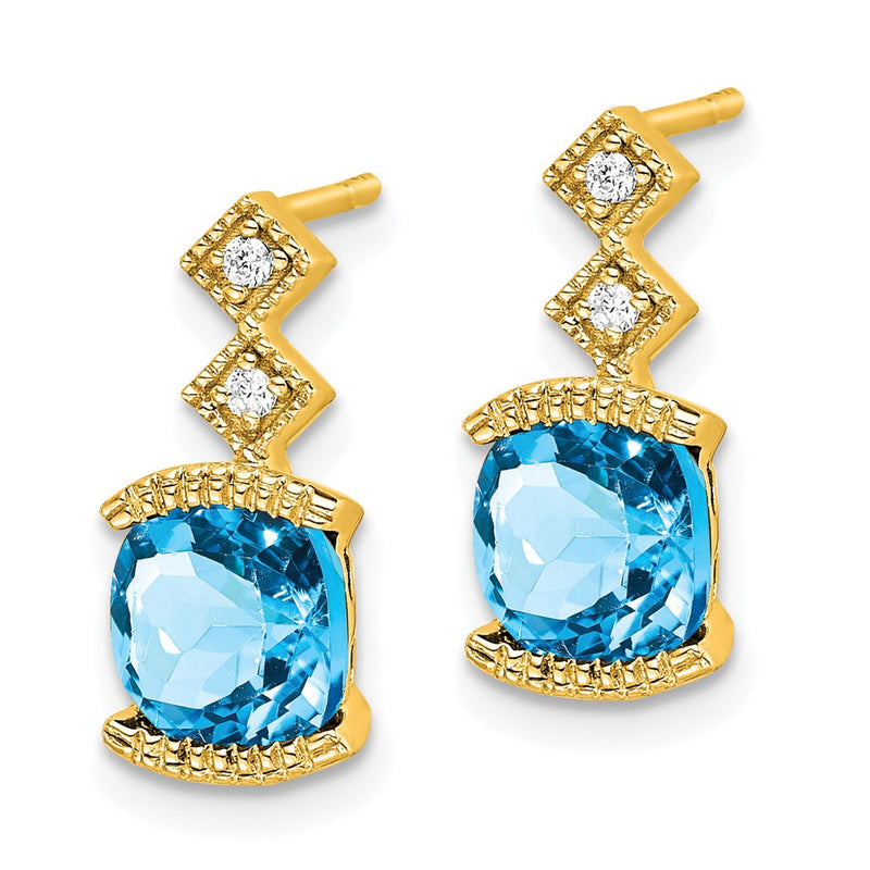 14k Yellow Gold Blue Topaz and Real Diamond Earrings