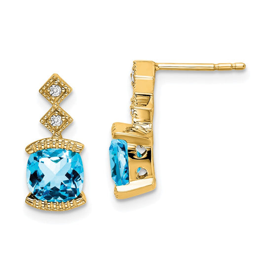 14k Yellow Gold Blue Topaz and Real Diamond Earrings