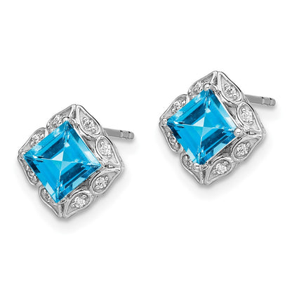 14k White Gold Square Blue Topaz and Real Diamond Earrings