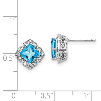 14k White Gold Square Blue Topaz and Real Diamond Earrings