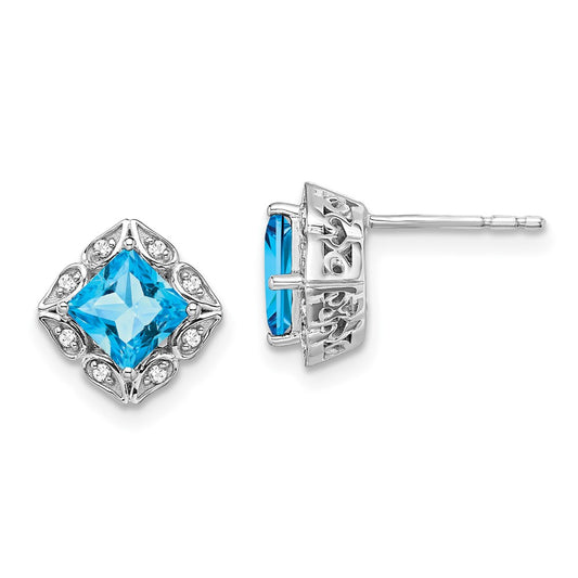 14k White Gold Square Blue Topaz and Real Diamond Earrings