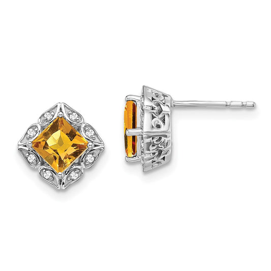 14k White Gold Square Citrine and Real Diamond Earrings