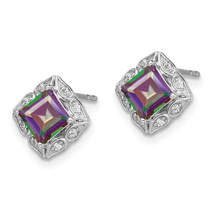 14k White Gold Square Mystic Fire Topaz and Real Diamond Earrings
