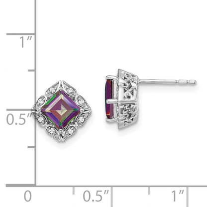 14k White Gold Square Mystic Fire Topaz and Real Diamond Earrings