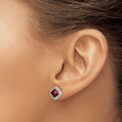 14k White Gold Square Garnet and Real Diamond Earrings