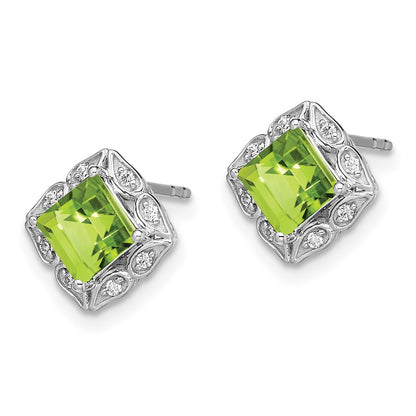 14k White Gold Square Peridot and Real Diamond Earrings