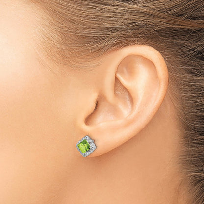 14k White Gold Square Peridot and Real Diamond Earrings