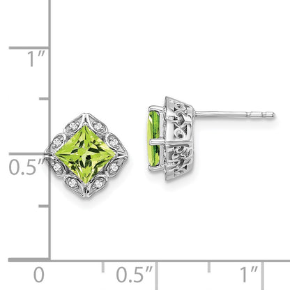 14k White Gold Square Peridot and Real Diamond Earrings