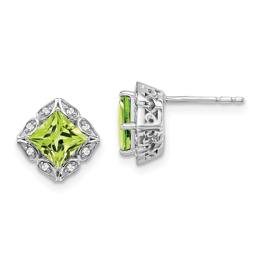 14k White Gold Square Peridot and Real Diamond Earrings