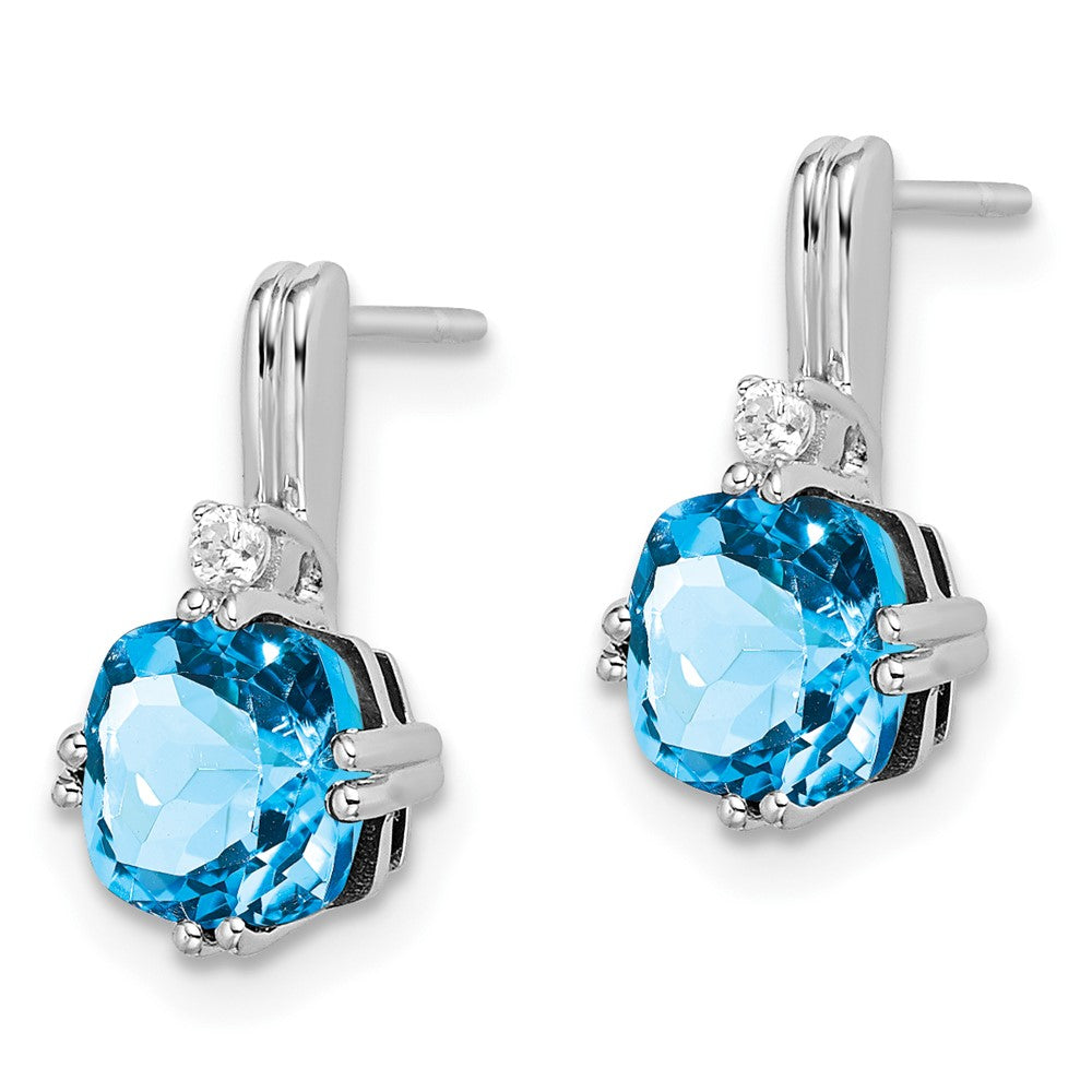 Solid 14k White Gold Cushion Simulated Blue Topaz and CZ Earrings