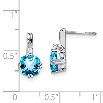14k White Gold Cushion Blue Topaz and Real Diamond Earrings