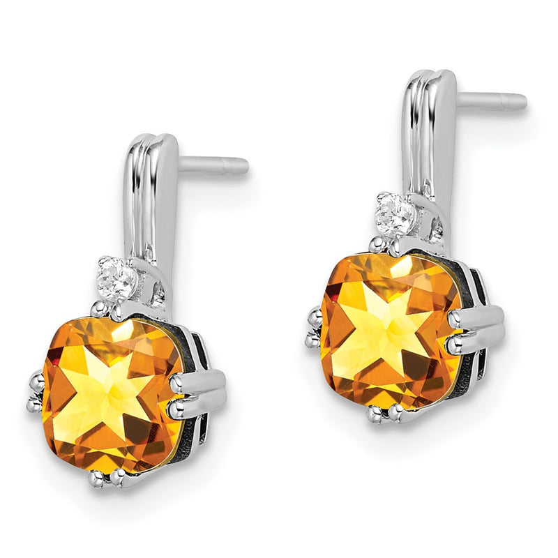 14k White Gold Cushion Citrine and Real Diamond Earrings