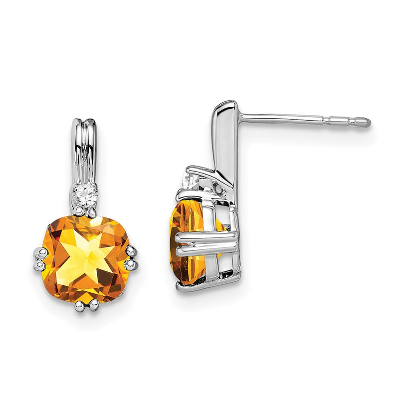 14k White Gold Cushion Citrine and Real Diamond Earrings