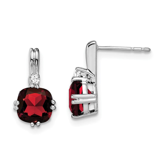 14k White Gold Cushion Garnet and Real Diamond Earrings