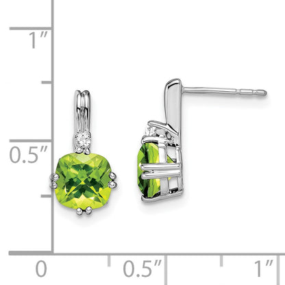 Solid 14k White Gold Cushion Simulated Peridot and CZ Earrings