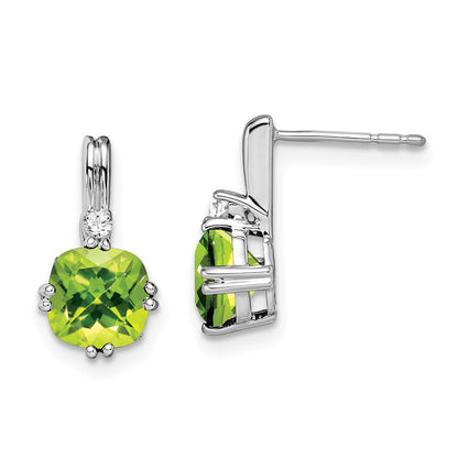 14k White Gold Cushion Peridot and Real Diamond Earrings