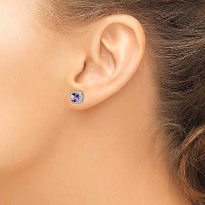 Solid 14k White Gold Cushion Simulated Amethyst and CZ Halo Earrings